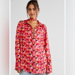 Free People La La Printed Geometric Pink/Rose Button-Up Shirt size XL